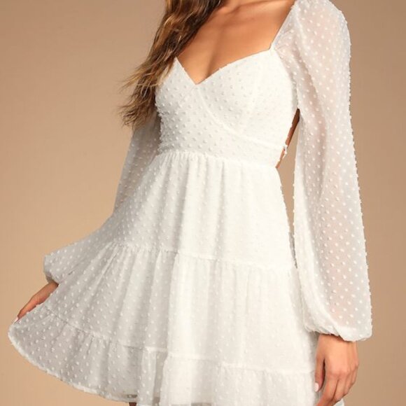 Lulus Longing And Love White Swiss Dot Puff Long Sleeve Mini Dress - Size L - Picture 1 of 1
